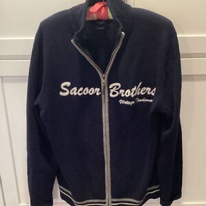 Sacoor Brothers Vintage Trademark Mens Full Zip Sweater Sz L 100% Lambswool Navy